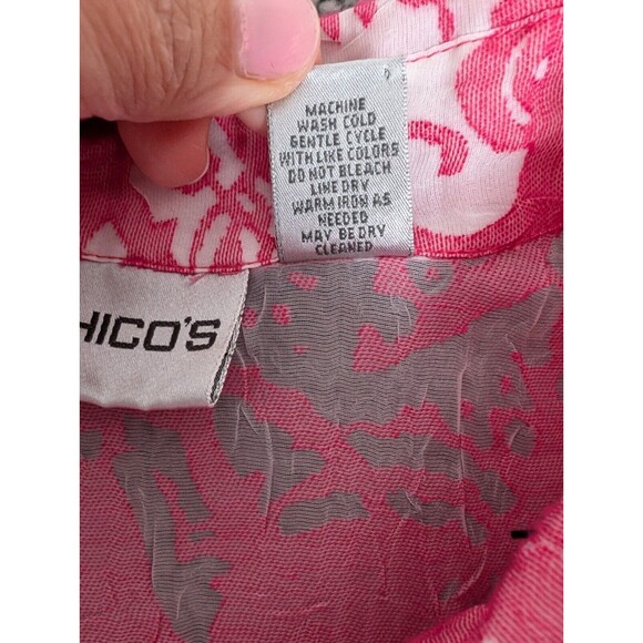 Chicos Top Pink Floral Button Drawstring Collared Long Sleeve Linen Blend Sz M - Picture 5 of 11